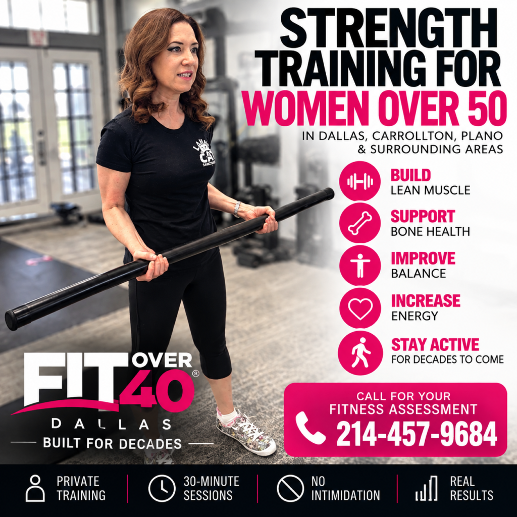 Woman over 50 doing a strength training exercise with a trainer in Dallas